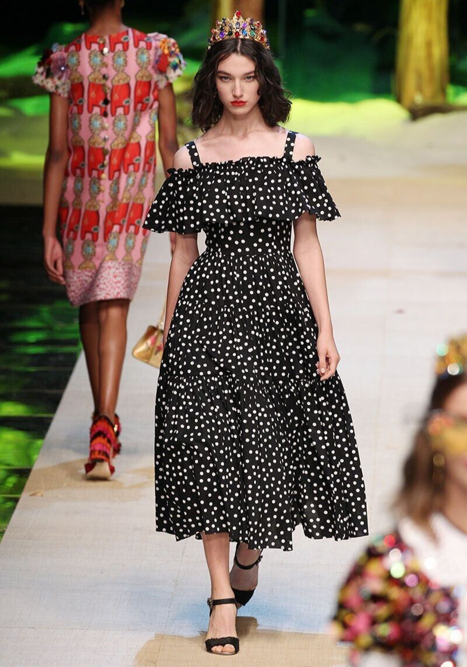 Dolce & Gabbana Runway Off-Shoulder Ruffled Polka Dot Dress IT 36, US 0 w/COA